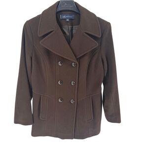 Anne Klein Womens Brown Wool Blend Double Breasted Pea Coat Jacket Size L